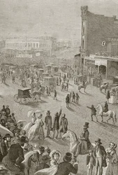 Spotkanie uliczne w San Francisco w latach 50-tych XIX wieku, z książki "Le Tour du Monde", wydanej w Paryżu w latach 60-tych XIX wieku